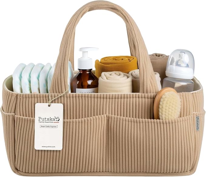 PUTSKA Baby Diaper Caddy Organizer, Nursery Basket, Brown Corduroy