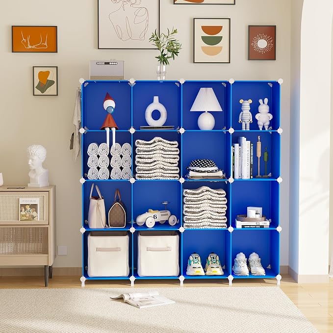 AWTATOS Cube Storage Organizer, Closet Organizers Storage Shelf, 16 Cube | DIY Stackable Storage Cube Shelves, Plastic Clothes Organizer Shelving for Bedroom, Home Office, Blue