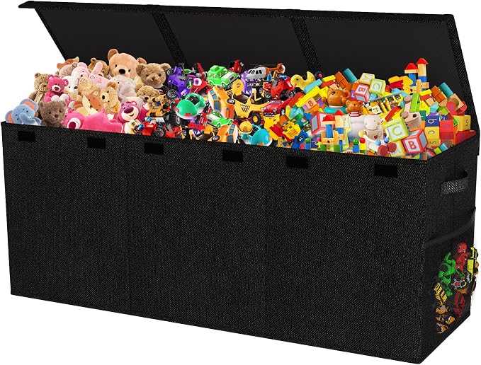 Extra Large Toy Box, Collapsible Toy Storage Organizer, 40"x16"x16", Black | Sturdy Kids Toys Bin Chest with 2 Mesh Pockets and Dividers for Boys Girls, Bedroom & Living room Toy Organization