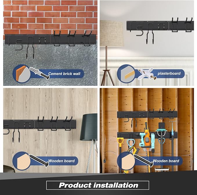 Garage Wall Organizer, Heavy Duty Tool Hangers for Garage Wall with 8 Double Hooks & 3 Rails, Tool Organizer Wall Mount, Garage Hanging Storage Rack for Shovel, Rake, Broom and Ski Gear