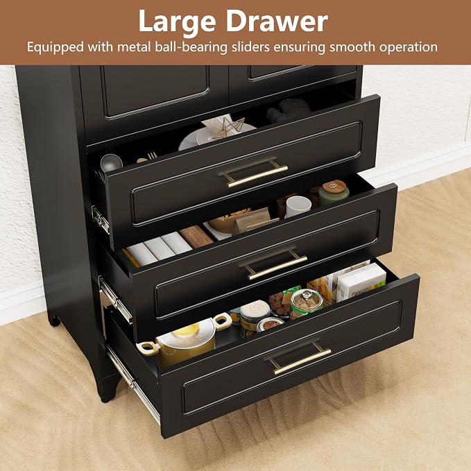 Polup 75" Tall Black Metal Pantry Storage Cabinet with 3 Drawers | Heavy-Duty Steel Kitchen Cabinet, 2 Adjustable Shelves & Magnetic Doors, Leveling Feet, for Dining Living Room, Laundry