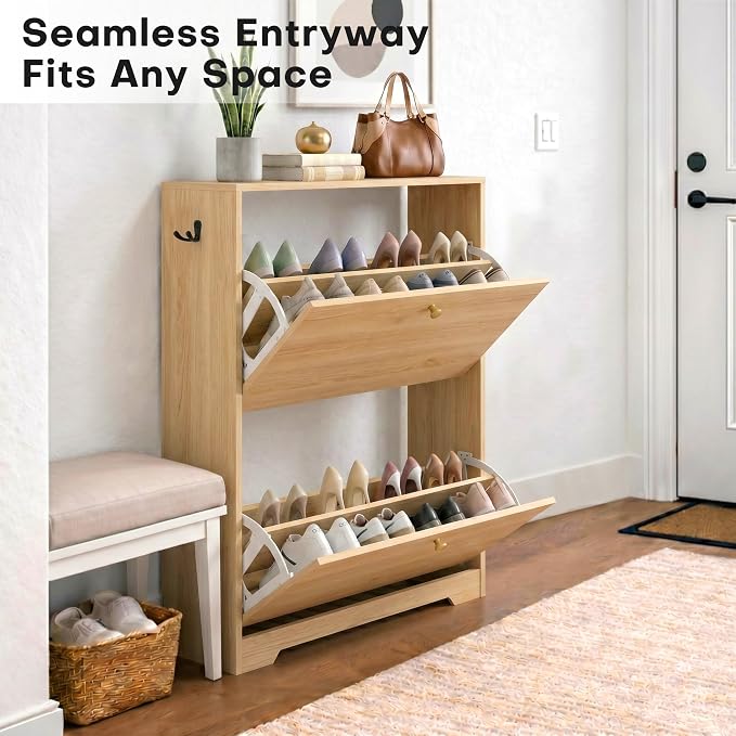Nicetree Shoe Cabinet with 2 Flip Drawers, Narrow Shoe Organizer Cabinet, Freestanding Shoe Rack Cabinet, Modern Shoe Storage Cabinet for Entryway, Hallway, Foyer Natural Oak with Hook