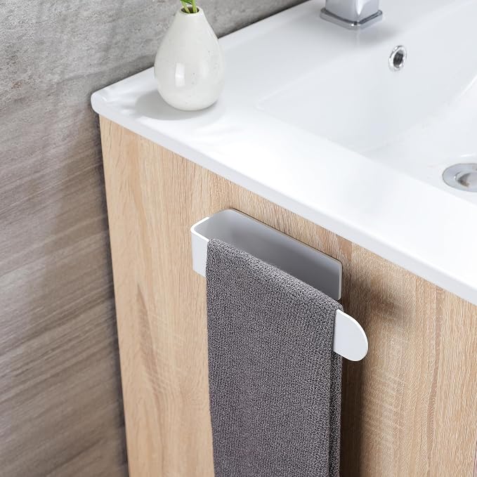 Taozun White Towel Rack Adhesive Hand Towel Holder Towel Bar Towel Ring | Durable Stainless Steel, Rust Free, No Drilling, For Bathroom/Kitchen/RV/Apartmen, Stick on Wall/Cabinet, 7.9 Inch