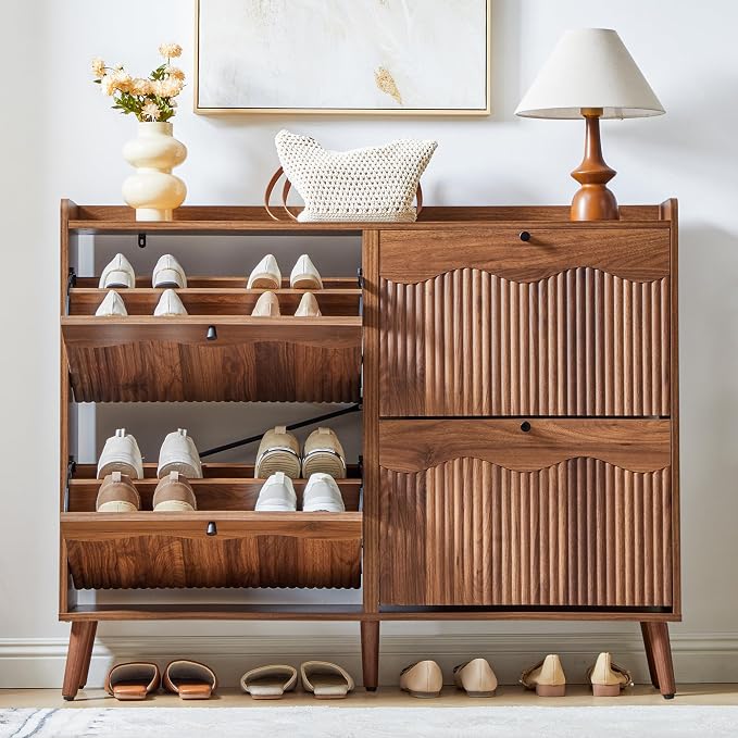 BERRYMERRY 47.2” Wide Shoe Storage Cabinet for Entryway with 4 Flip Drawers | narrow,entryway,adjustable feet,32 pairs shoe,shoe organize,hidden shoe rack,fluted panel,wave pattern,wood,space saving