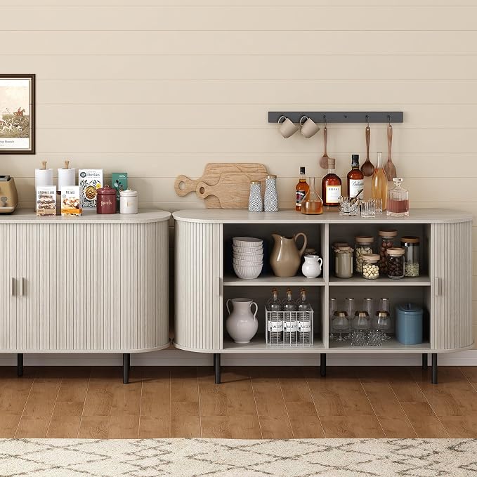 55" Sideboard Buffet Cabinet with Storage, Storage Cabinet with Sliding Door & Adjustable Shelf, Modern Accent Coffee Bar Console Table for Kitchen, Entryway, Natural White