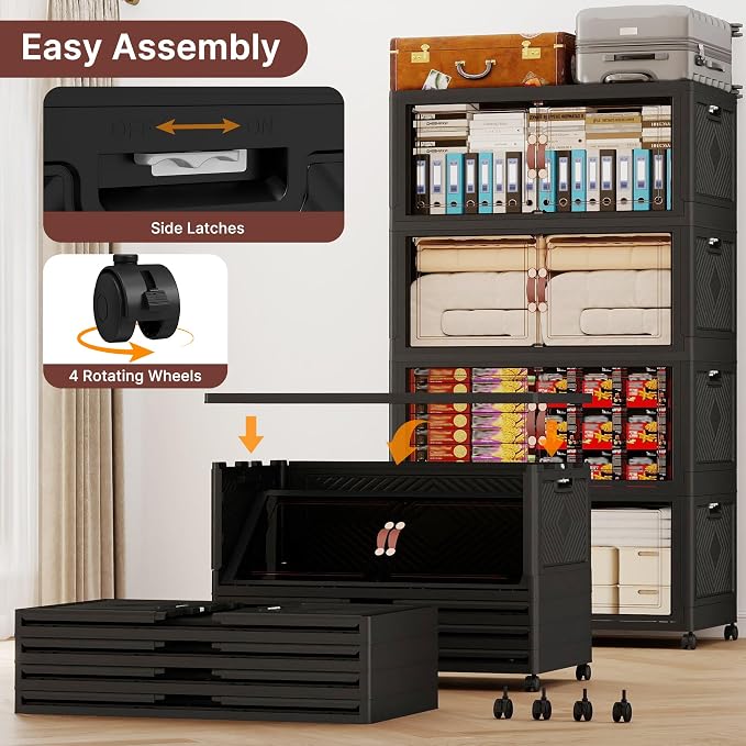 452QT Extra Large Stackable Storage Bins with Lids & Wheels | & Door,Total 113Gal for 3-Tier set Foldable Collapsible Closet Organizers, Plastic containers drawers for bedroom Dorm