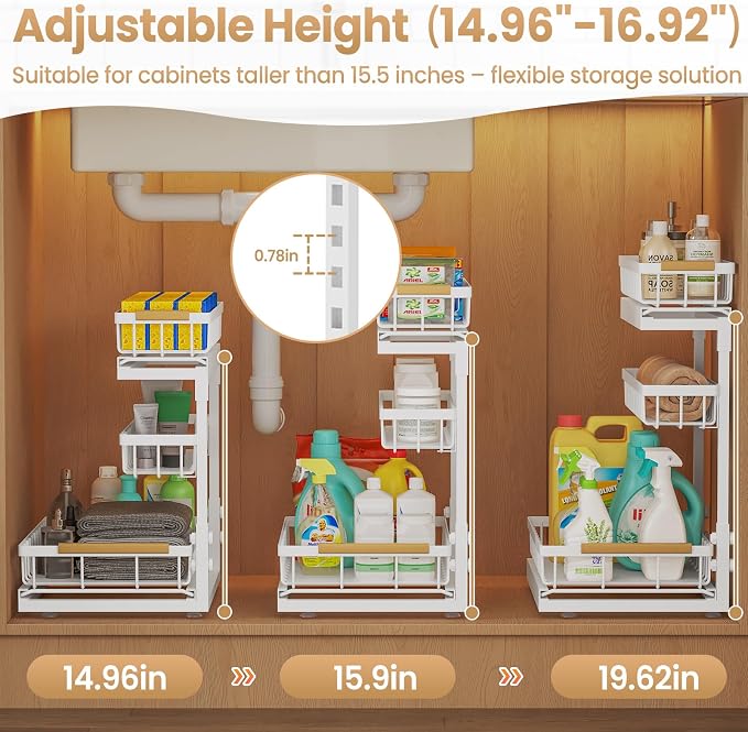 Under Sink Organizer and Storage 3 Tier Cabinet Pull Out Shelf Organizers | 2 Pack 3 Tier under sink storage for Bathroom and Kitchen Slide Out Drawer Organization for Home Cabinets Shelves and Drawers