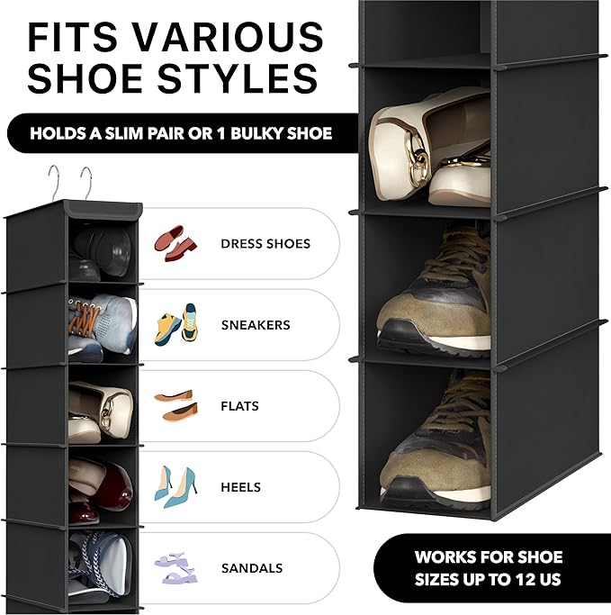 Simple Houseware 2 Pack 10 Shelves Hanging Shoe Organizer, Black | Dual Metal Hooks, Holds Up to 20 lbs, for Narrow Space