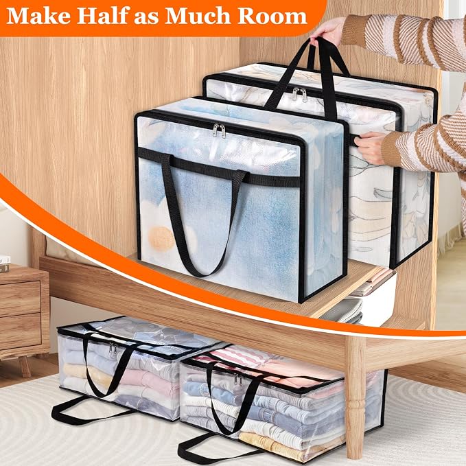 TasticTotes 6 Pack Clear Storage Bags for Comforter, Clothes & Bedding, 90L | Plastic Blanket Storage with Zipper & Handle, Foldable Moving Bags, Closet Organizer and Under-Bed Storage Containers