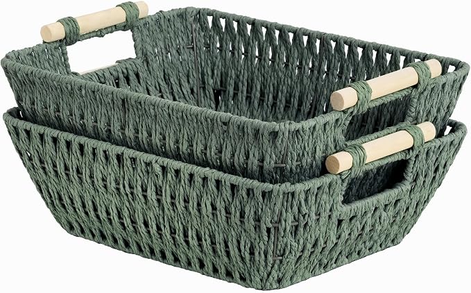 StorageWorks Large Wicker Storage Basket for Organizing with Wooden Handles, Toilet Paper Baskets, Bosana Green, 2-Pack