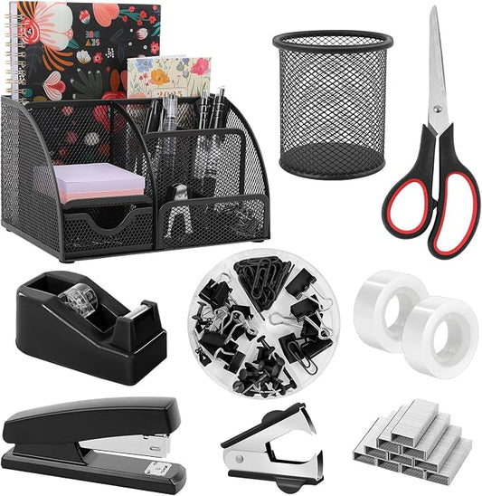 SKYDUE Black Office Supplies, Mesh Desk Organizer, Stapler, Tape Dispenser, Scissors, Binder/Paper Clips and 1000pcs Staples, Desk Supplies Set