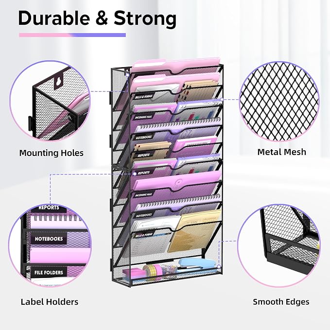 10-Tier Wall File Organizer with Base, Wall Mounted File Holder | Vertical Hanging File Organizer with Open Compartments and Label Holders for Mail, Folders and Paperwork at Home or Work