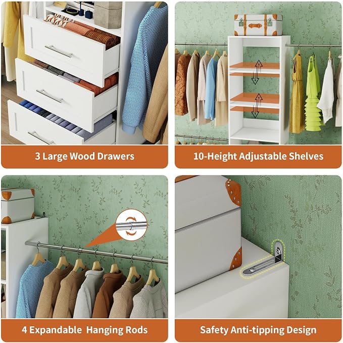 Closet System with Drawers, 4-8FT Closet Organizer System, 96” Walk in Closet Organizer Tower with Adjustable Shelves, Modular Closet Storage Drawer System with 4 Expandable Hanging Rods, White
