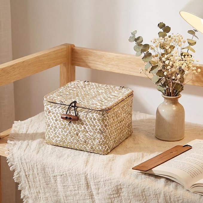 Hipiwe Handwoen Seagrass Basket with Lid Mini Woven Wicker Box,3.5"x3.5"x2" | Decorative Shelf Basket for Bathroom Home Office Organizer, Key Basket Holder for Entryway Table, Whitewash