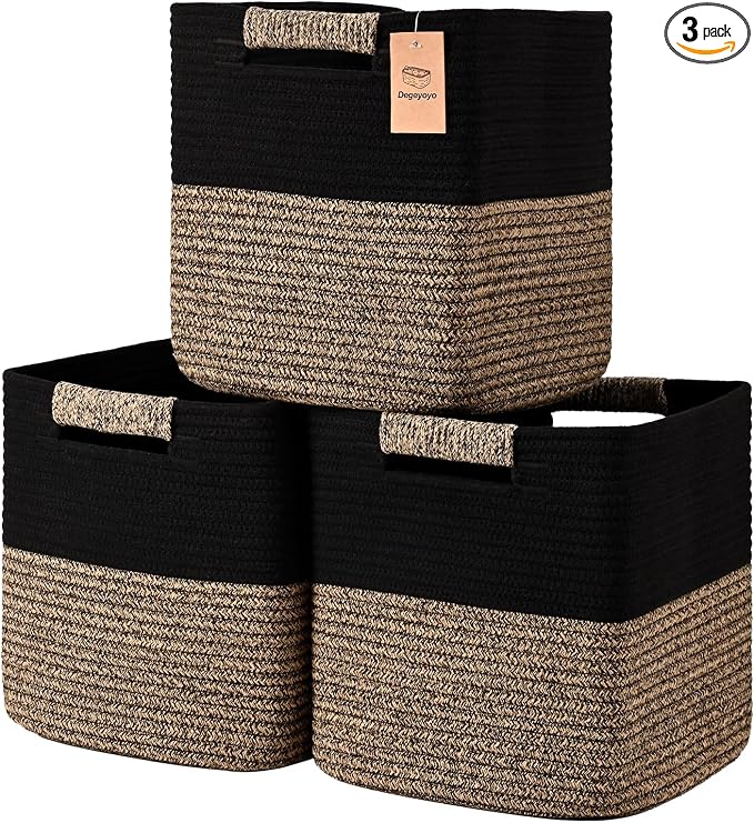 11 Inch Storage Cubes, 3 Pack Cube Storage Bins for Organizing, Cotton Rope Woven Baskets for Shelves, Bathroom, Kids Room, Closets, Baby Nursery