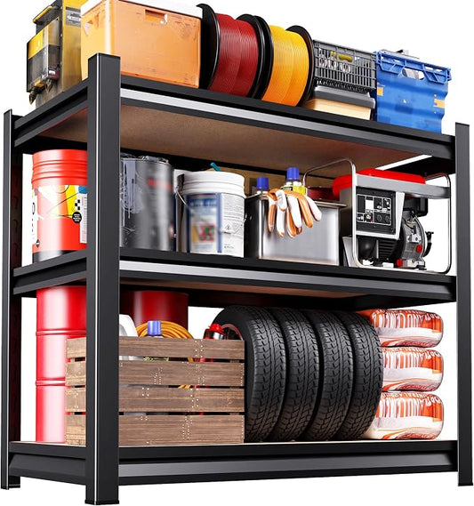 33" H x 35" W Garage Shelving for Home & Garage Organization, 3-Tier Adjustable Heavy Duty Metal Storage Rack with Steel Frame & MDF Shelves for Pantry, Basement, Workshop & Utility Room