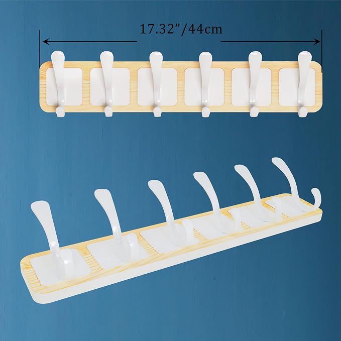 SKOLOO Scandi-Style Wooden Carved-Block Coat Hook & Hanger - Wall Mount with 6 Hooks for Clothing & Accessories, Natural & White