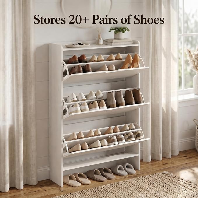White Slim Shoe Cabinet with 3 Flip Drawers, 52" Tall Narrow Shoe Storage Cabinet for Entryway, Hidden Shoe Organizer Cabinet