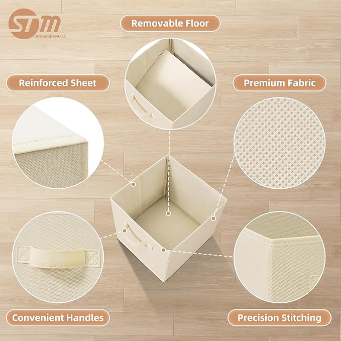 STORAGE MANIAC Storage Cubes, 11 Inch Collapsible Storage Bins with Handles, 4 Pack Fabric Foldable Bins for Organization, Durable Storage Bins for Closet, Shelves, Offices, 4-Pack Beige