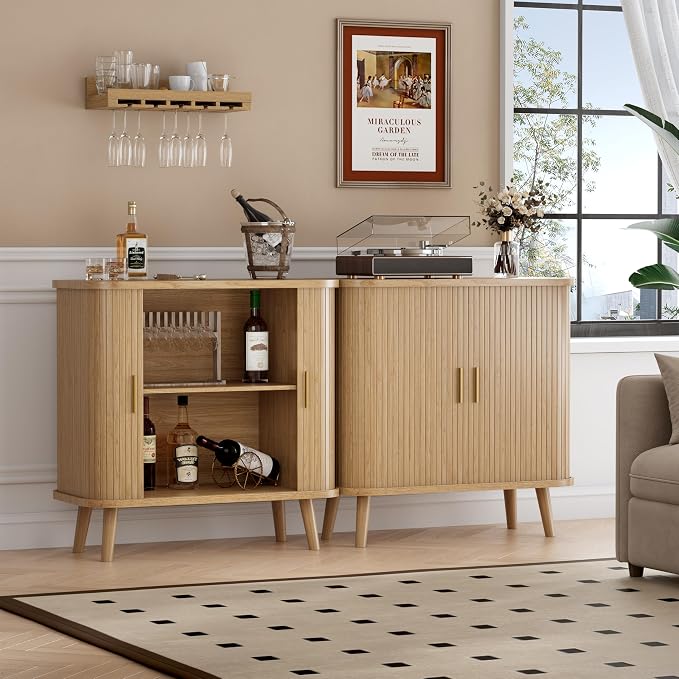 BORNOON Buffet Cabinet with Storage, Curved-Edge Fluted Storage Cabinet Sideboard, Modern Black Sideboard Buffet with Adjustable Shelves & Sliding Door for Dining Room, Kitchen, Entryway (Oak)