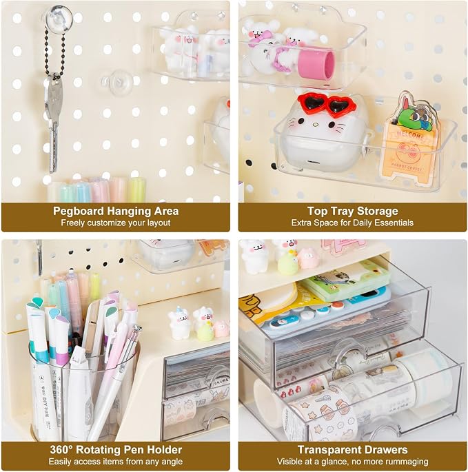 Comix Desk Organizer with 2 Drawer, Beige 360° Rotating Pen Holder for Desk | Desk Organizers and Accessories with 5 Slots Pencil Holder+Pegboard+Drawer, Pen Organizer for Home School Art Office Supplies