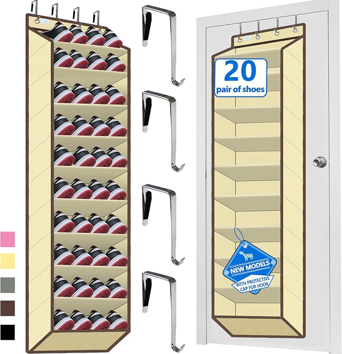 Over the Door Shoe Organizer, 20 to 30 Pairs Hanging Shoe Holder, Heavy Duty Extra Deep Pockets Shoe Storage for Closet, Anti-Scratch Hooks & FSC-Certified Bamboo - Beige