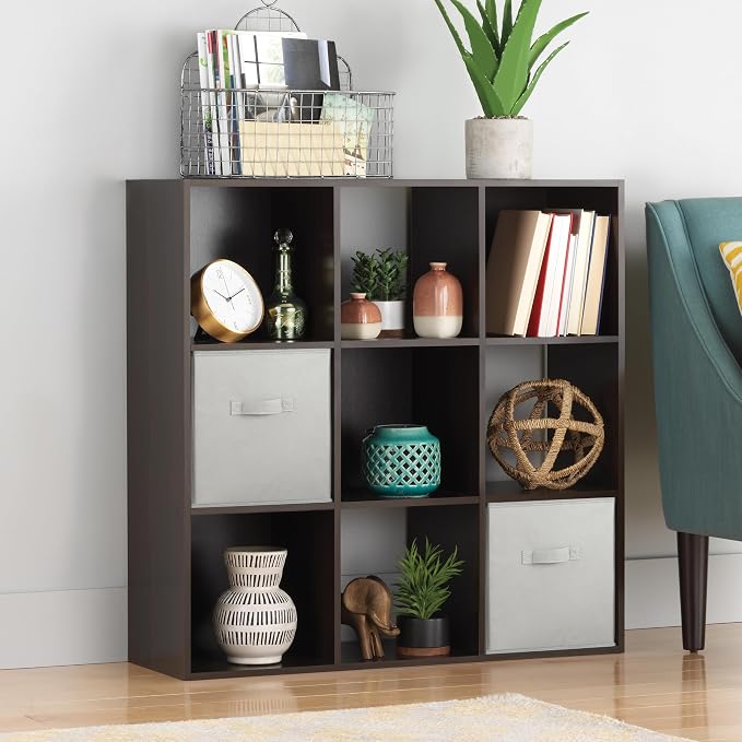 Whitmor 9 Cube Storage Organizer, 3 Tier Stackable MDF Wood Bookcase, Open Storage Display Bookshelf, Storage Cabinet for Living Room, Bedroom, Home, Office, 35.5" L x 11.7" W x 35.5" H, Espresso