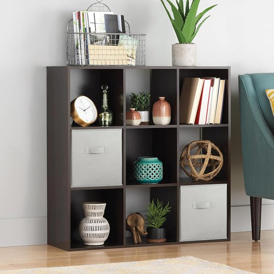Whitmor 9 Cube Storage Organizer, 3 Tier Stackable MDF Wood Bookcase, Open Storage Display Bookshelf, Storage Cabinet for Living Room, Bedroom, Home, Office, 35.5" L x 11.7" W x 35.5" H, Espresso