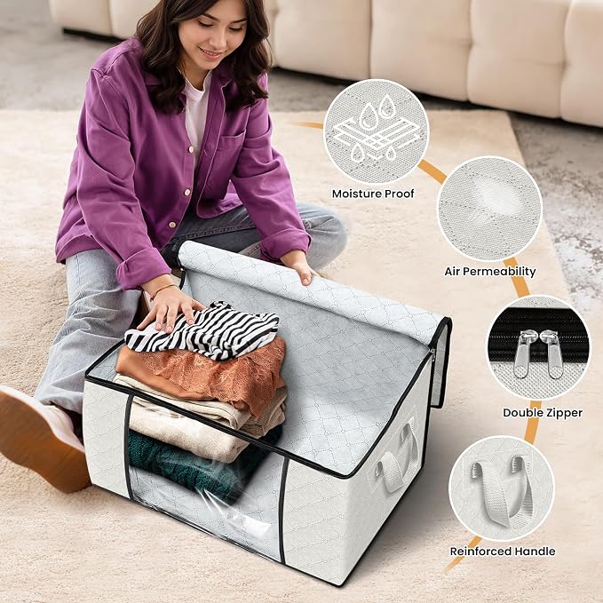 Fab totes 8 Pack Clothes Storage, Foldable Thick Fabric Blanket Storage Bags, Containers for Organizing Bedroom, Closet, Clothing, Comforter, Organization with Handle,Ivory White