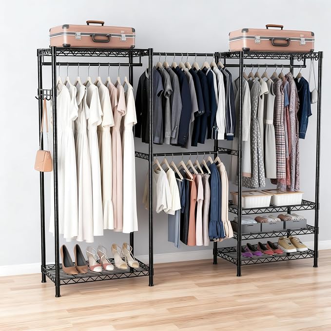 Heavy Duty Closet Garment Rack, Metal Clothes Racks Wardrobe with Shelf | 6 Tiers Adjustable Metal Freestanding Expandable Clothing Storage with 4 Hanger Rods, 71.4"H x (70"-88.2") L x 14"D, Black