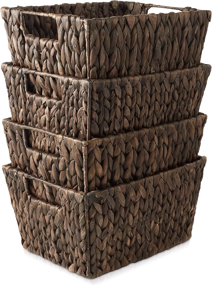 Casafield Set of 4 Water Hyacinth Storage Baskets with Handles - Espresso Brown, Woven Storage Bins for Shelves, Blankets, Laundry Organization