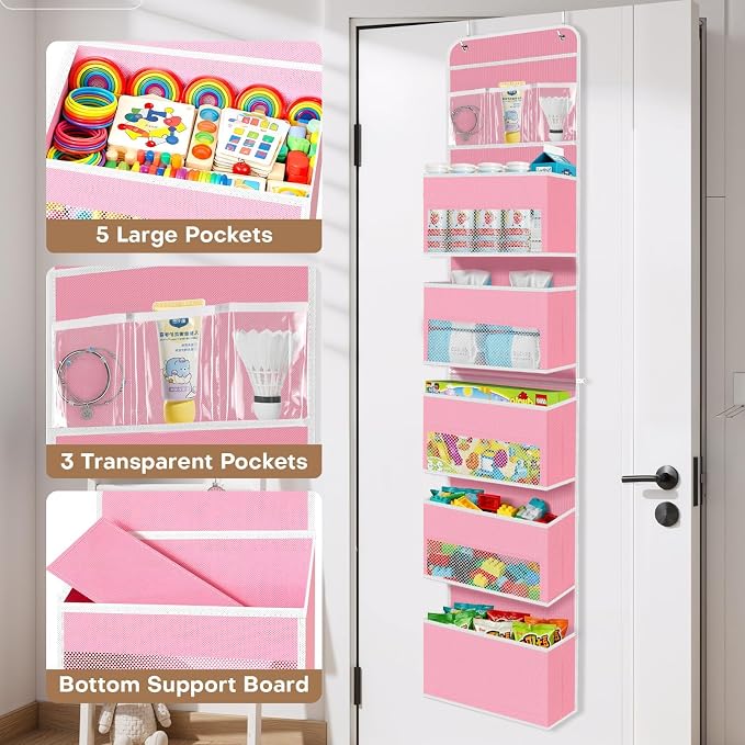 Over the Door Organizer, Large Pocket Hanging Storage with 40lb Capacity | Space Saving Door Storage for Nursery, Bathroom, Bedroom and Closet, Baby Essentials and Toiletry Organizer, Pink