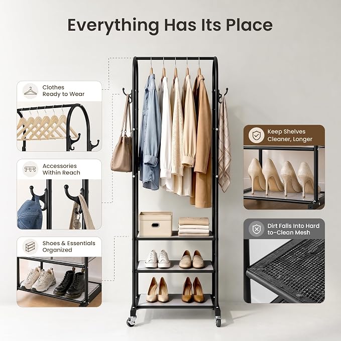 Cesun Heavy Duty Clothes Rack with 3-Tier Mesh Shelves & 8 Hooks, Black | Space-Saving Design, Lockable Wheels, Easy Assembly, Stainless Steel, Small Garment Rack for Entrance/Bedroom/Living Room