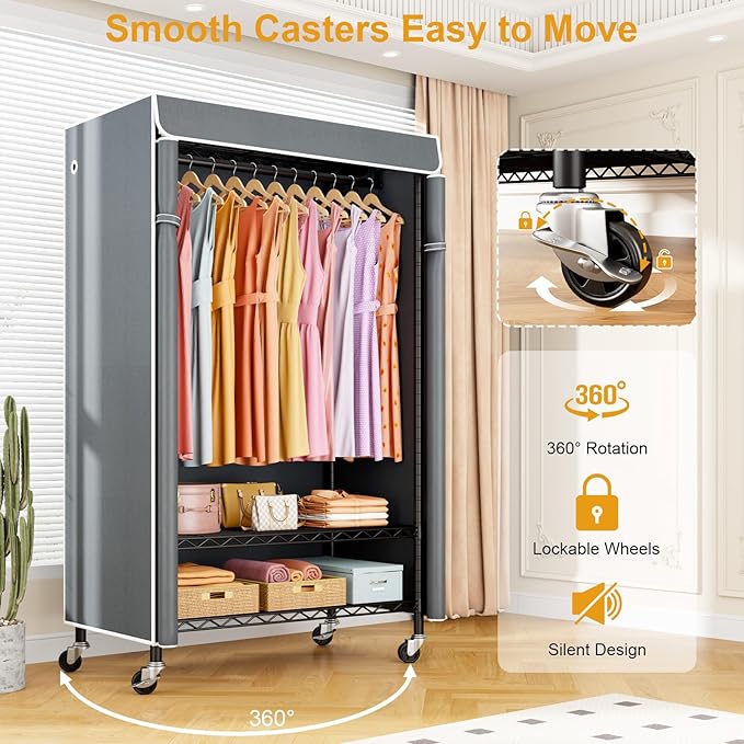P6C Rolling Clothes Rack with Cover, 3-Tier Covered Clothing Rack | Portable Closets for Hanging Clothes, Heavy Duty Garment Rack on Wheels, Black Closet Rack with Gray Cover, Max Load 365LBS