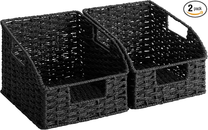 StorageWorks Pantry Organizers and Storage,Black Wicker Baskets,2-Pack | Paper Rope Wicker Baskets with Handles,Handwoven Pantry Baskets for Shelves,Wicker Storage Baskets for Shelves,Black Baskets