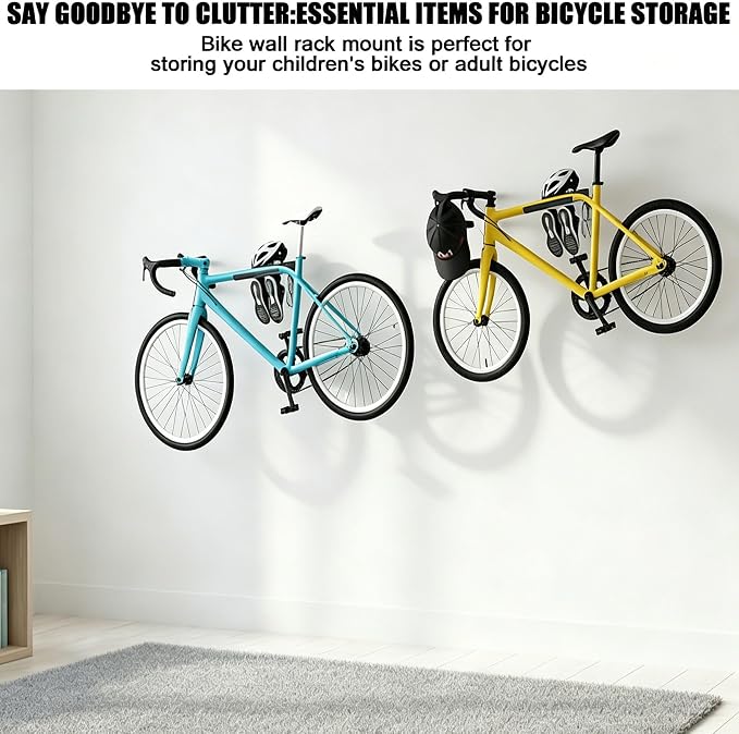 Bike Wall Mount - Heavy Duty Horizontal Indoor Bike Storage Garage Rack | that Holds a Helmet and Shoes, Space Saving 1 Bicycle Wall Hanger for Road, Mountain & Hybrid Bikes, Holds Up to 66lbs