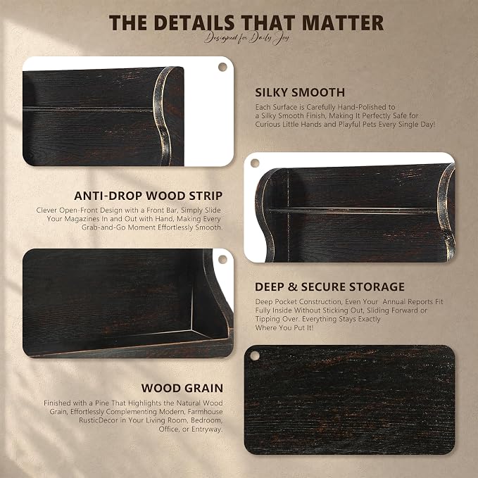 Mail Organizer Wall Mount: Magazine Holder for Room Decor, Distressed Black | Pine Wood, Anti-drop wood strip, Envelope Slot for Letter, Key Hooks, Farmhouse Wall Mail Organizer, Home Decor Accent