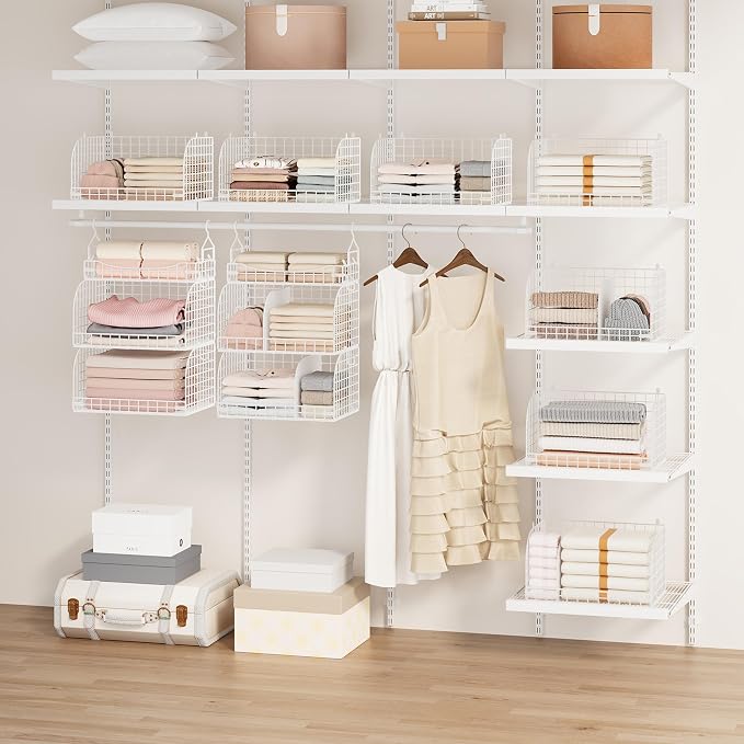 SWTYMIKI Hanging Closet Organizer Storage - 3 Tier Metal Stackable Hanging Closet Shelves with Dividers and S Hooks, Foldable Clothes Shelves for Clothes, Pants, Shoes, Coat, Hats Clutches Accessories