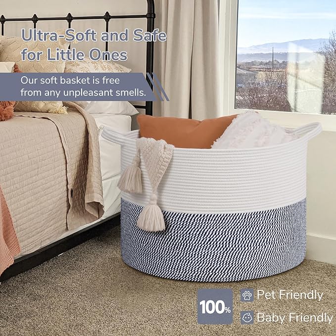 INDRESSME 115L Extra Large Woven Rope Blanket Basket Living Room, Navy | 23.6" x 15.7" Storage baskets for toys laundry & pillows. For living room, bedroom nursery decor. soft-touch, family-sized