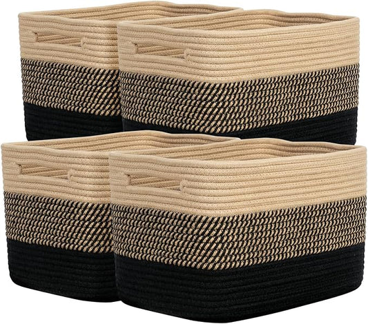 Storage Baskets for Organizing, 14 x 10 x 9” Closet Shelf Woven Baskets, Square Bins with Handles, Cotton Rope Basket for Clothes, Office, Room, Black+Brown 4 Pack