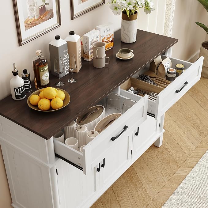 55 Inch Buffet Cabinet with Storage, Farmhouse Sideboard Buffet w/2 Drawers and 3 Doors, Wood Coffee Bar Cabinet with Adjustable Shelves, Sideboard Storage for Kitchen, Living Room, Off White