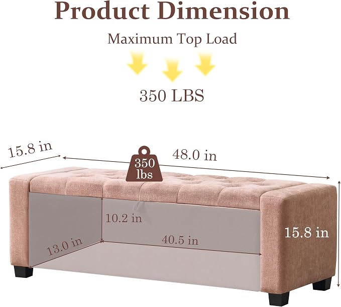 Royal Windsor 48" Ottoman with Storage,Tufted Storage Bench with Safety Hinge,Holds up to 350 lb,Upholstered Bench with Seating for Bedroom,Living Room,Entryway,Linen Pink