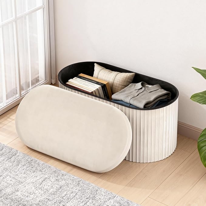 GLAXYFUR Folding Ottoman with Storage, Oval Velvet Storage Bench, Beige | Upholstered Foot Rest, 30 x 15 x 15 Inches Storage Chest for Bedroom, Living Room & Entryway
