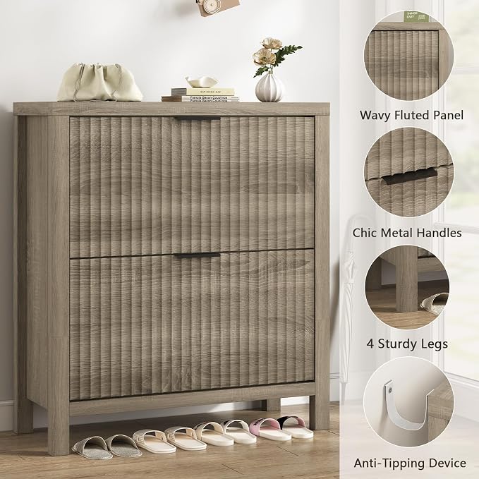 Fluted Shoe Cabinet Storage with 2 Flip Drawers for Entryway, Hallway | Narrow Shoe Rack Freestanding Shoe Organizer with Legs for Entryway，Hallway, Grey