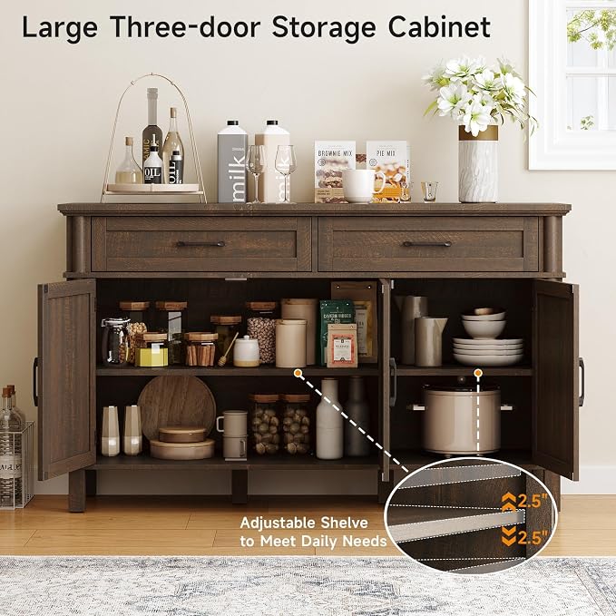55 Inch Buffet Cabinet with Storage, Farmhouse Sideboard Buffet w/2 Drawers and 3 Doors, Wood Coffee Bar Cabinet with Adjustable Shelves, Sideboard Storage for Kitchen, Living Room, Brown