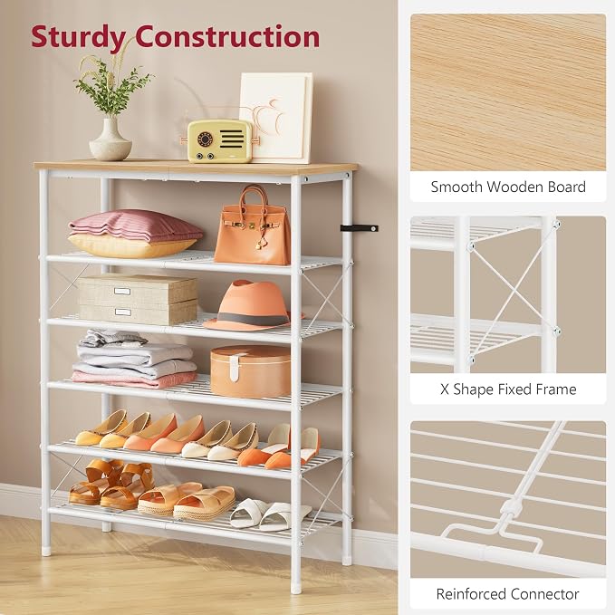6 Tier Shoe Rack for 20-24 Pairs of Shoes, White Log | Sturdy & Durable, X Shape Fixed Frame, Metal Mesh Shoe Shelf, Industrial, For Closet, For Entryway Shoe Storage