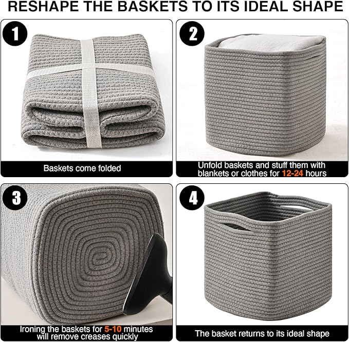 ICERZCZ 11 Inch Cube Storage Bins, Storage Cube Organizer Bins, Woven Cotton Rope Basket for Storage, Storage Baskets for Organizing Shelves, Grey Baskets for Toys Nursery, Grey (Pack of 3)