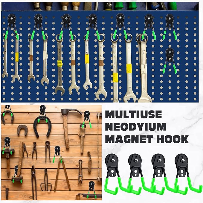 Landhoow 6 Pcs Large Magnetic Hooks Heavy Duty Garage Magnet Hooks Strong Storage Utility Magnetic Hangers with Anti Slip Rubber Coating for Indoor and Outdoor Hanging (Green)