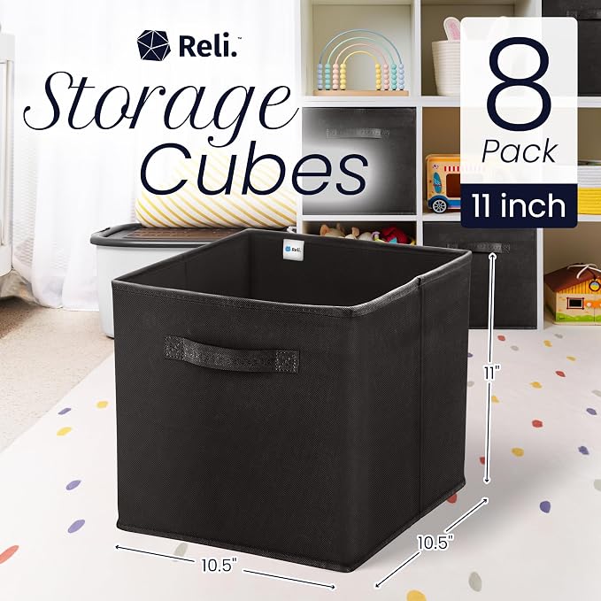 Reli. Storage Cubes (8 Pack) | Black Fabric Cube Bins 11"x11" | Collapsible Organizer | Reinforced Handles | Space-Saving Foldable Design | Children's Toys, Clothes, Craft Supplies, Linens