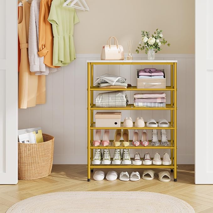 6 Tier Shoe Rack Organizer for 20-24 Pairs of Shoes, Metal Mesh Shoe Shelf for Closet, Industrial Shoe Rack for Entryway Shoe Storage with X Shape Fixed Frame, White & Gold | Sturdy & Durable, X Shape Fixed Frame, Metal Mesh Shoe Shelf, Industrial, For...
